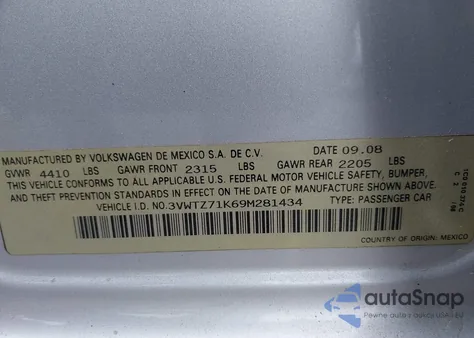 2009 Volkswagen Jetta 2.5L Se z USA, uszkodzony, nr VIN 3VWTZ71K69M281434